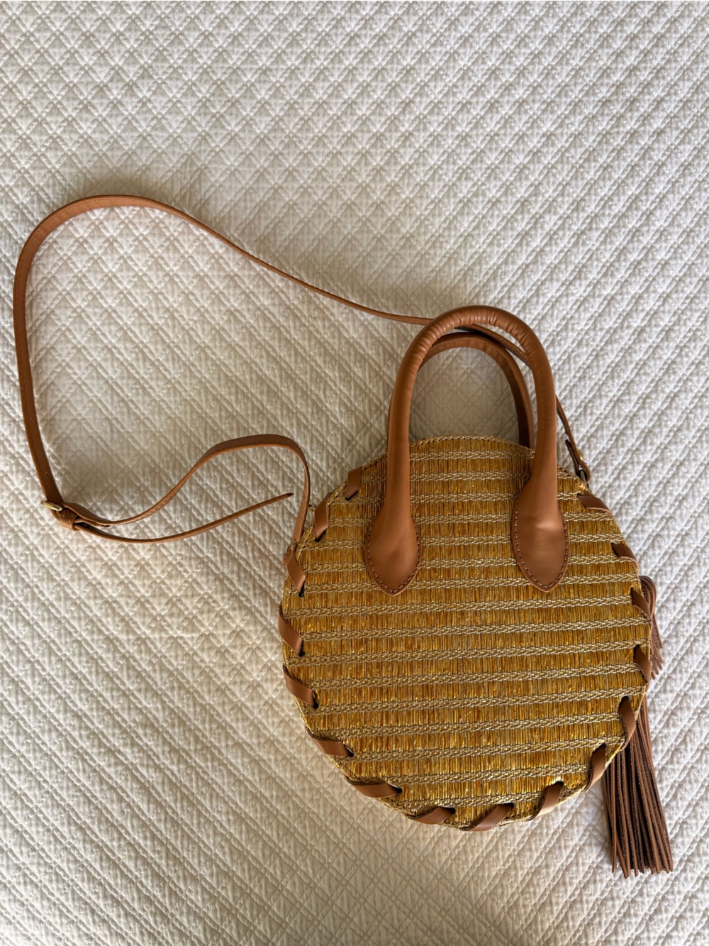 Poolside Round Raffia Crossbody Bag with Tan Leather Trim